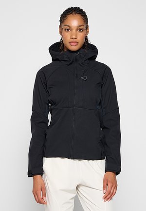 Czarna kurtka zapinana na zamek z kapturem, o dopasowanym kroju, wykonana z elastycznego materiału, z przednią kieszenią na zamek i siateczkowymi akcentami po bokach.