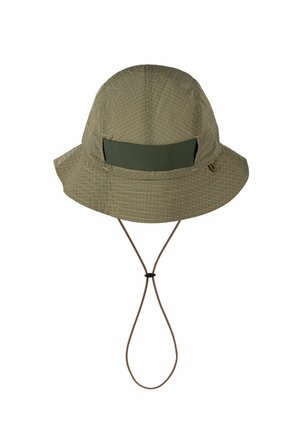Olive green bucket hat with checkered pattern, adjustable chin cord, and dark green rectangular patch at front center.