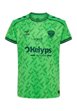 Green ASSE Saint-Étienne football jersey with dark green geometric pattern, black sponsor logos, and black-striped sleeve edges.