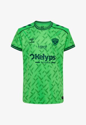 Maillot de football vert de l'ASSE Saint-Étienne avec un motif géométrique vert foncé, logos de sponsors noirs et bords de manches à rayures noires.