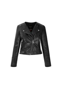 Czarna skórzana kurtka cropped z wyciętym kołnierzem, zamkiem z przodu i dwiema bocznymi kieszeniami na zamek. Gładka tekstura z akcentami w kolorze srebrnym.