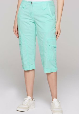 Mint green cargo shorts with rolled cuffs, featuring two side pockets and a zippered pocket, made from lightweight fabric.
