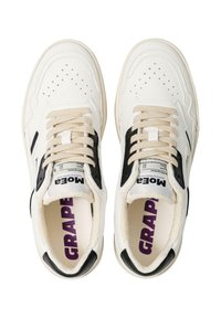 White sneakers with black accents, textured leather upper, perforations for breathability, beige laces, and purple insoles labeled "GRAPE."