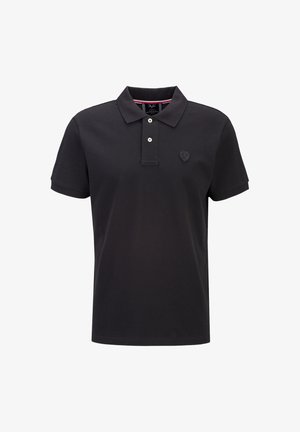 Schwarzes Polohemd mit kurzen Ärmeln, zwei Knöpfen und kleinem gesticktem Logo auf der linken Brustseite.