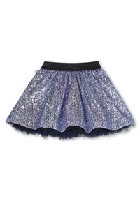 Gonna viola con paillettes e un elastico nero in vita, rifinita con un bordo di tulle stratificato nella parte inferiore, forma svasata e texture scintillante.
