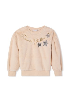 Felpa in pile color beige chiaro con scollatura arrotondata, polsini a coste e testo "È tempo di brillare". Presenta applicazioni di stelle argento con paillettes.