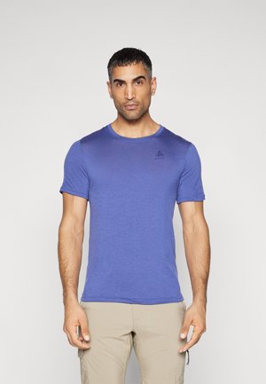 Blue short-sleeve t-shirt made from a lightweight fabric, featuring a round neckline and a small logo on the left chest area.