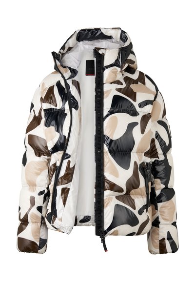 Gequilte pufferjack in glanzend beige, zwart en bruin abstract patroon, met een rits aan de voorkant en verstelbare capuchon. Lichtgewicht en geïsoleerd.