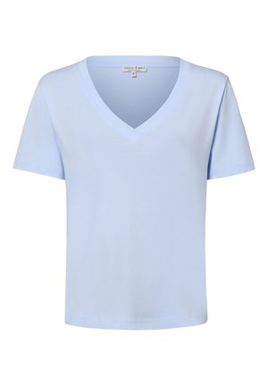 Jasnoniebieska koszulka z krótkim rękawem i dekoltem w serek, jednolity wzór, metka wewnątrz kołnierza z napisem "Marie Lund Copenhagen", rozmiar mały.