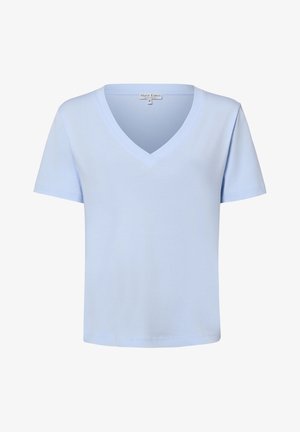 Hellblaues T-Shirt mit kurzen Ärmeln und V-Ausschnitt, schlichtes Design, Etikett innen am Kragen mit der Aufschrift "Marie Lund Copenhagen", Größe klein.