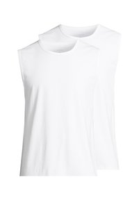 Two white, sleeveless t-shirts made of cotton. Features a round neck and a smooth texture. Simple and classic design without patterns.