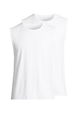 Two white, sleeveless t-shirts made of cotton. Features a round neck and a smooth texture. Simple and classic design without patterns.