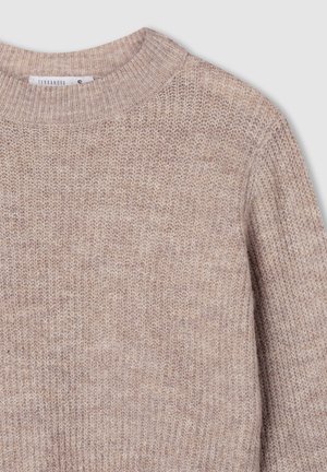 Maglione beige a girocollo lavorato a maglia, con colletto a costine, texture di maglia visibile e etichetta del marchio "Terranova" all'interno del collo.