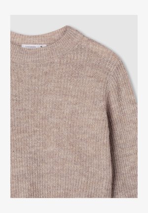 Maglione beige a girocollo lavorato a maglia, con colletto a costine, texture di maglia visibile e etichetta del marchio "Terranova" all'interno del collo.