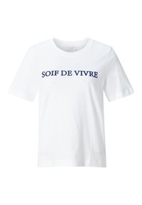 Camiseta de algodón blanca con mangas cortas, que presenta un estampado en azul marino que dice "SOIF DE VIVRE" en el frente con una fuente en negrita.