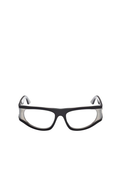Lunettes avec une monture en plastique noir, verres transparents et un design rectangulaire épuré. Détails notables : branches courbées pour plus de confort.