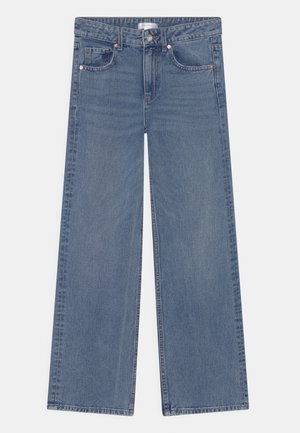 Hellblaue, weit geschnittene Jeans aus Denim-Stoff mit hoher Taille, fünf Taschen und doppelten Knopfverschlüssen an der Vorderseite.