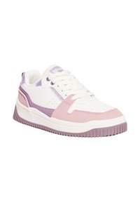 Sneaker bianca e rosa con accenti viola. Realizzata in pelle e suede, presenta una suola in gomma, punta rotonda e dettagli perforati.