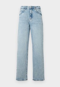 Calças de ganga azul claro de cintura alta e perna direita, feitas de denim, com cinco bolsos, ligeiras marcas de desgaste e costuras contrastantes nas costuras.