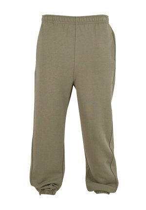 Olive green sweatpants with an elastic waistband, side pockets, and tapered cuffs at the ankles, made from soft, stretchy fabric.