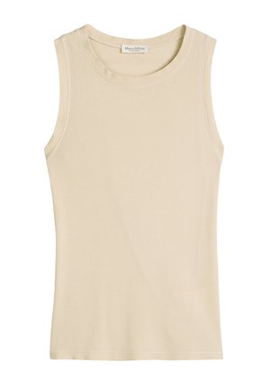 Beżowy, bezrękawnik z prążkowanego materiału, z okrągłym dekoltem i metką Marc O’Polo na wewnętrznej stronie kołnierza.
