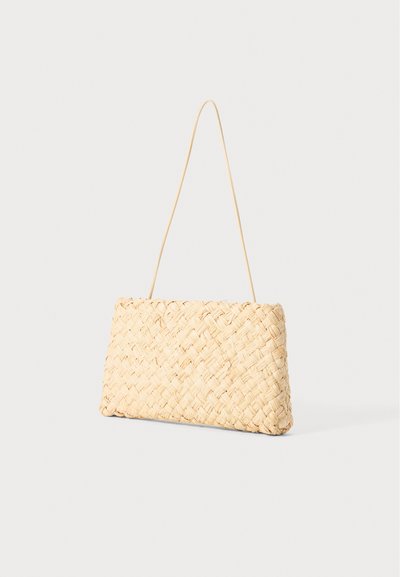 Woven straw clutch bag in a rectangular shape with a beige color and a thin, flat strap. Textured surface with an intricate pattern.