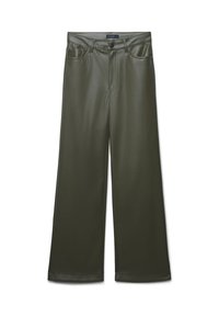 Olivgrüne, hoch geschnittene, weit geschnittene Hosen aus Kunstleder mit vorderen Taschen und einem vorderen Knopfverschluss. Glatte Textur.