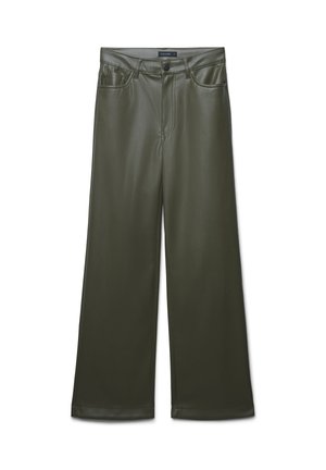 Olivgrüne, hoch geschnittene, weit geschnittene Hosen aus Kunstleder mit vorderen Taschen und einem vorderen Knopfverschluss. Glatte Textur.