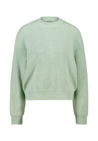Light green, ribbed knit sweater with a rounded neckline and dropped shoulders. Features long sleeves and a cropped silhouette.