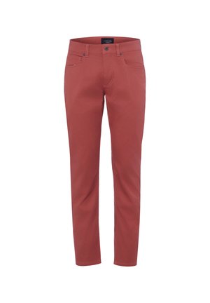 Herren-Hose mit geradem Schnitt in gedämpftem Rot mit Frontknopf, Reißverschluss, Gürtelschlaufen sowie sichtbaren Taschen vorne und hinten.