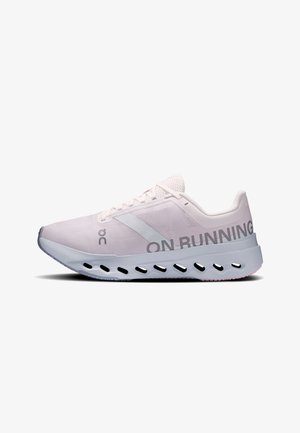 Light pink On Running sneaker with white midsole featuring oval cutouts and "ON RUNNING" text on the side.