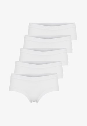 Five pairs of white cotton briefs with a smooth texture, a low-rise design, and elastic waistbands, neatly stacked.