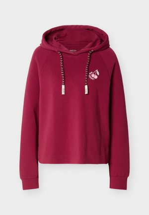 Dark pink hoodie with black-and-white beaded drawstrings and small cherry graphic with "Now Cherry" text on the chest.