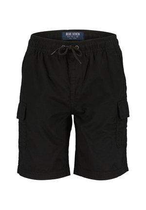 Zwarte cargoshorts van lichtgewicht stof, met een elastische tailleband met een trekkoord en zijzakken. Eenvoudig, praktisch ontwerp.