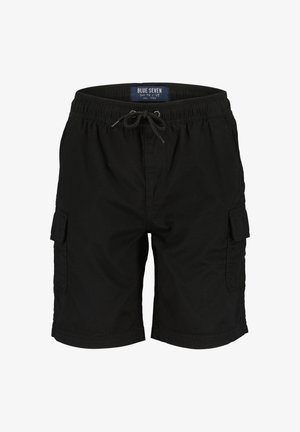 Zwarte cargoshorts van lichtgewicht stof, met een elastische tailleband met een trekkoord en zijzakken. Eenvoudig, praktisch ontwerp.