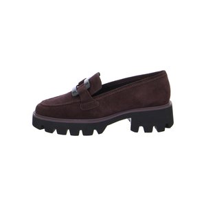 Dark brown suede loafer with chunky black lug sole and decorative buckle on top, side view on white background.