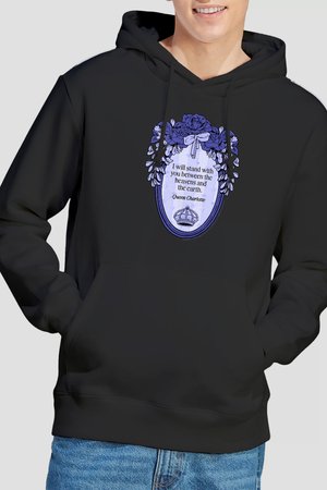 Person wearing black hoodie with purple floral frame and crown design surrounding the text, "I will stand with you between the heavens and the earth."