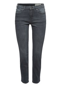 Jeans de denim gris oscuro ajustados, con estilo de cinco bolsillos y cierre de botón, vista frontal sobre fondo blanco.