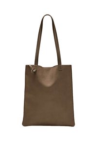 Borsa a mano in pelle marrone con doppio manico superiore, forma rettangolare, texture liscia e design minimalista, con apertura superiore.