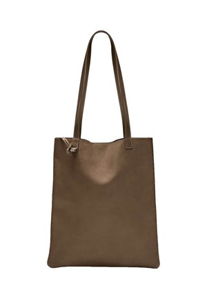 Borsa a mano in pelle marrone con doppio manico superiore, forma rettangolare, texture liscia e design minimalista, con apertura superiore.