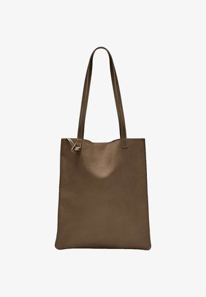Brown leather tote bag with dual top handles, rectangular shape, smooth texture, and minimalistic design, featuring a top opening.