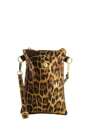 Leopard print crossbody bag made of textured fabric with gold hardware, featuring a zip closure and adjustable strap.