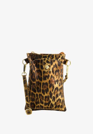 Leopard print crossbody bag made of textured fabric with gold hardware, featuring a zip closure and adjustable strap.