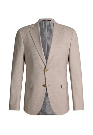 Beżowa marynarka męska z dwoma brązowymi guzikami, klapą z wycięciem, przednimi kieszeniami z patkami i wzorzystą szarą podszewką.