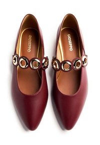 Ballerines en cuir bordeaux avec un bout pointu, présentant une sangle d'accent en métal doré circulaire et un intérieur marron avec le logo de la marque.