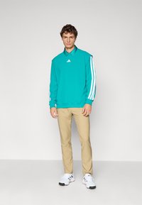 Young man standing, wearing teal long-sleeve Adidas shirt with white stripes on sleeves, khaki pants, and white athletic shoes.