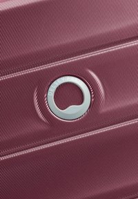 Valigia rigida con un'esterno bordeaux texturizzato, dotata di una maniglia bianca circolare con il marchio "DELFY PARIS". Sono visibili dei motivi a righe verticali.