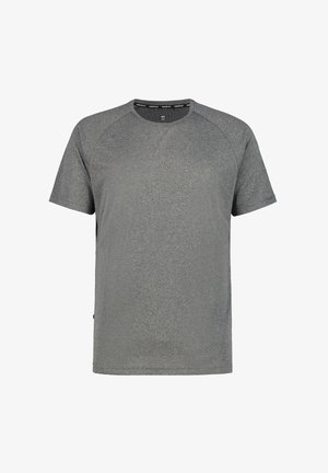 Grijze sportt-shirt met korte mouwen, raglanontwerp, ronde hals, textuurstof en een klein logo aan de linkerkant.