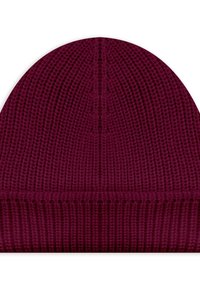 Gebreide bordeauxrode muts met een gladde textuur, afgeronde vorm en geribbelde onderrand. Heeft verticale stiksel-details aan de bovenkant.