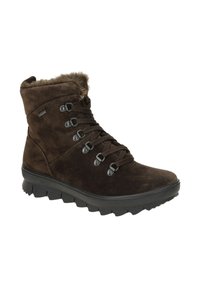 Botas de tobillo de ante marrón con un cuello de piel sintética, que presentan ganchos de metal, cordones redondos y una suela de goma texturizada para mayor agarre.